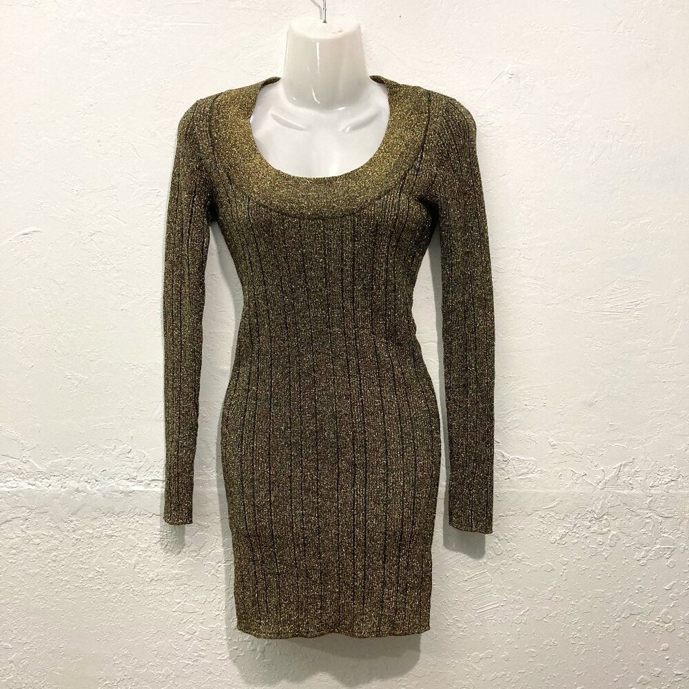 Nasty Gal Bodycon Mini Knit Dress Long Sleeves Green Y2K Shimmer Metallic XS